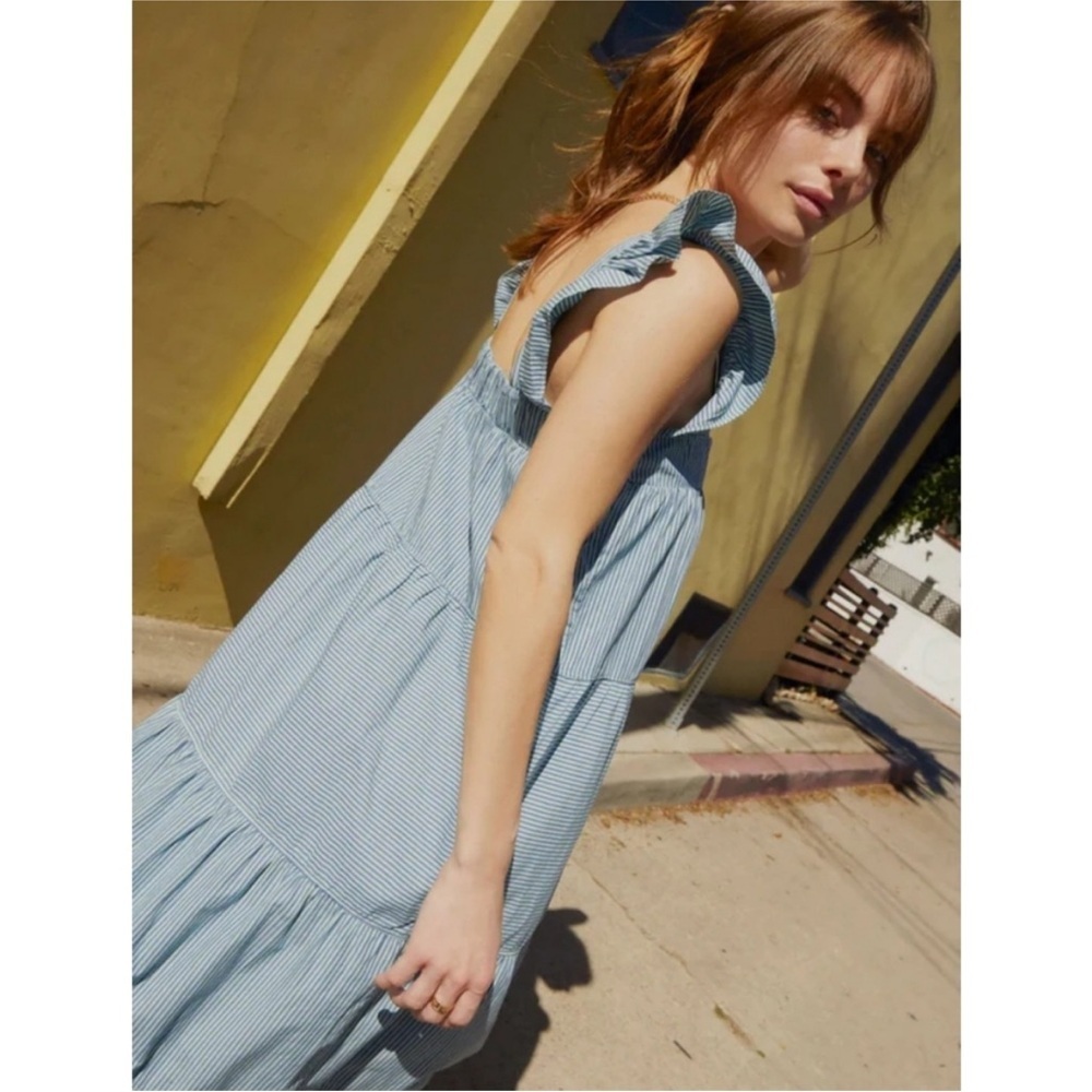 Nation LTD Los Angeles Camille Blue Striped Sundress M Flutter Sleeve Midi Dress - Picture 10 of 14